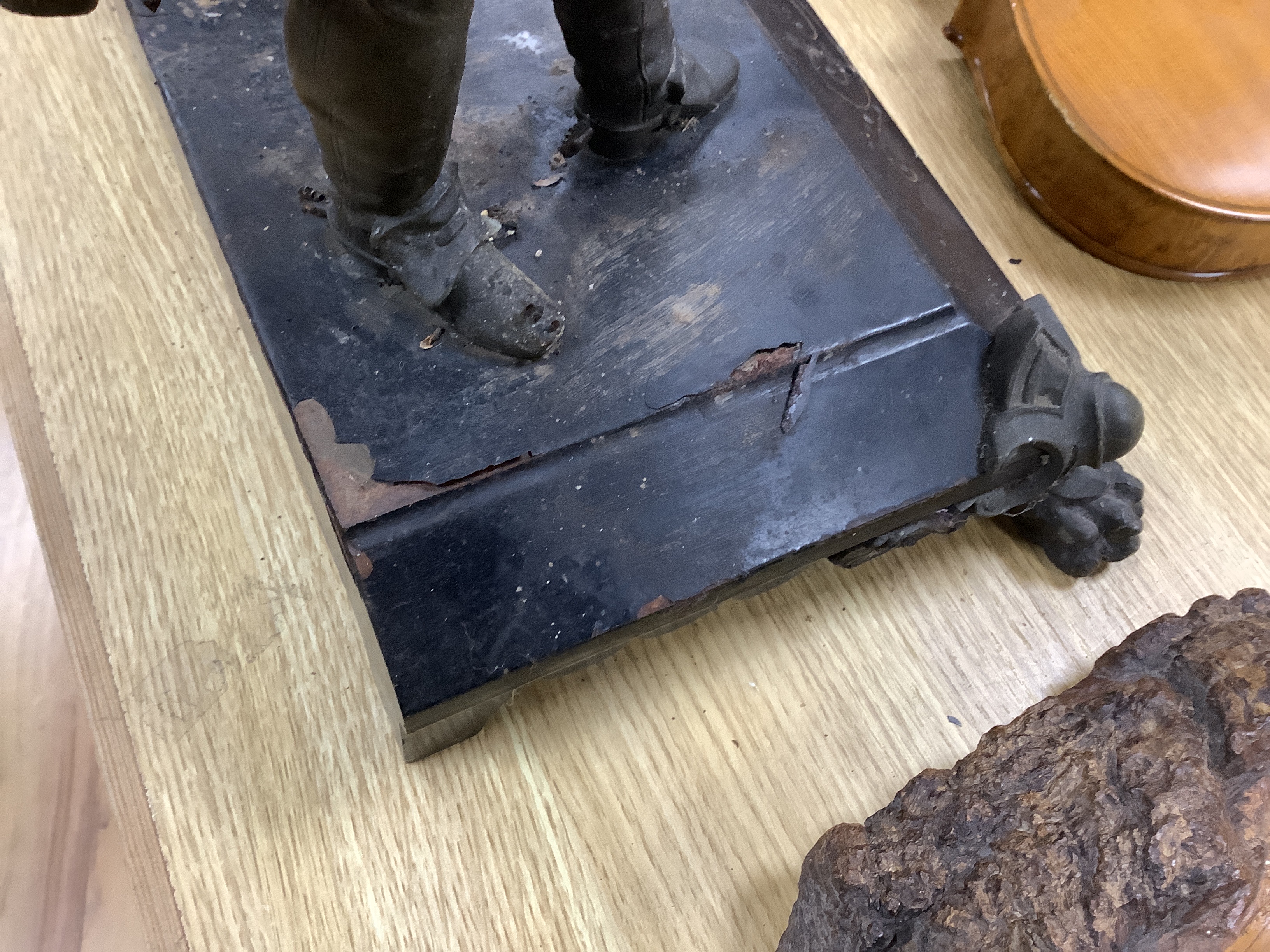 A 20th century American spelter and Cavalier figural mantel clock, 52cm high